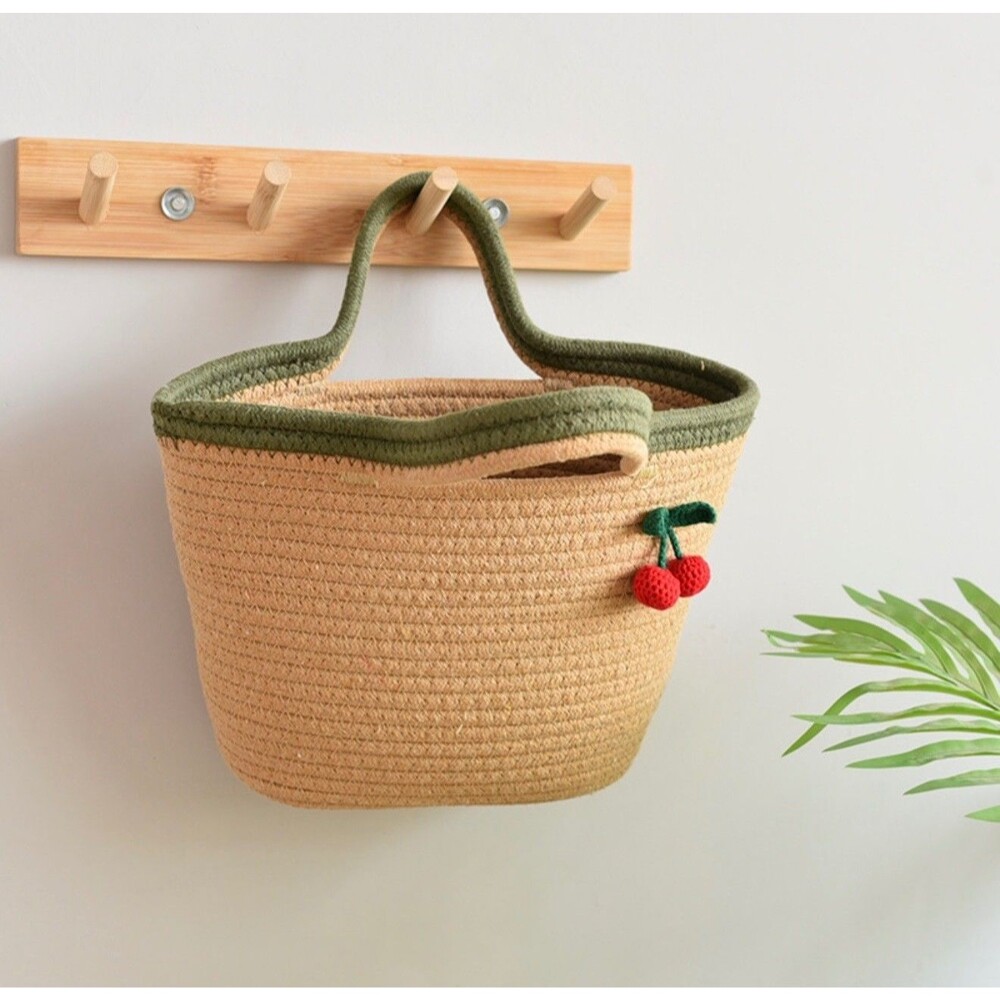 Cotton Handwoven Small Cherry Tote Bag Crochet Tan Green Coastal Cottagecore New - Picture 4 of 7